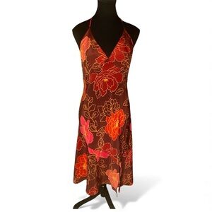 Vintage Y2K Express Red Brown Floral Halter Neck Midi Dress M